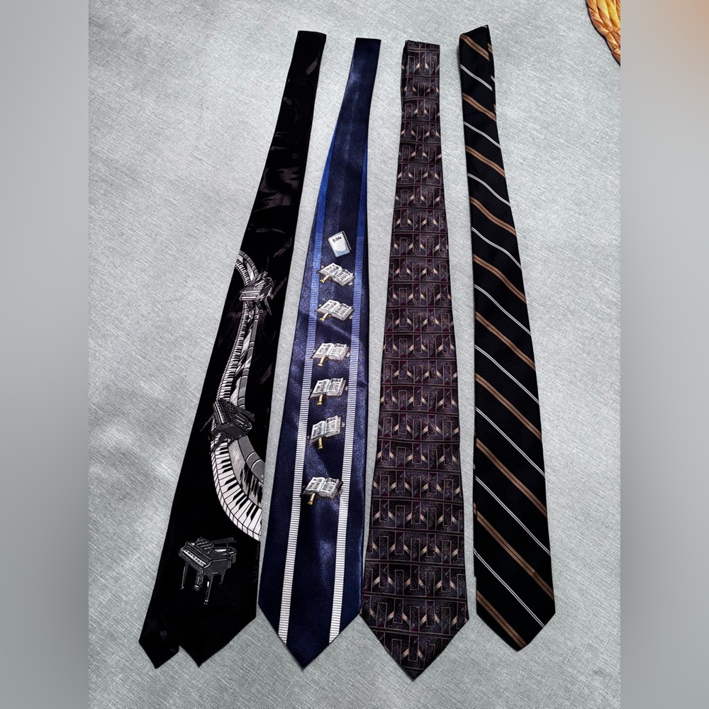 Elegant Men's Tie Lot of 4 - Black, Blue, and Brown Prints